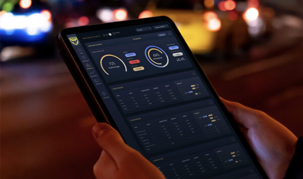 Image of a tablet device displaying a data dashboard application design.